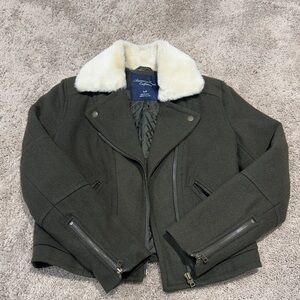 American Eagle Outfitters Olive Jacket with Cream Fur Collar
